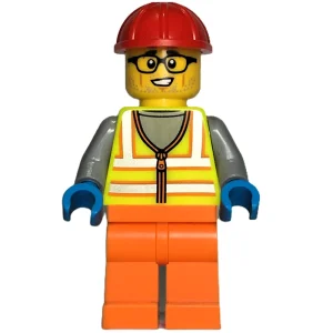 Construction Worker, Vibrant Yellow Safety Vest, Orange Legs, Red Hard Hat — LEGO 60401 Construction Steamroller