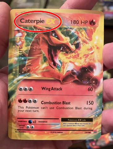 Підроблена картка покемона, ілюстрація Charizard з іменем Caterpie