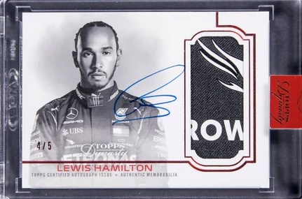 Колекційна картка 2020 Topps Dynasty F1 Autographed Patch Red #DAP-IILH Lewis Hamilton Signed Patch Card (#4/5)