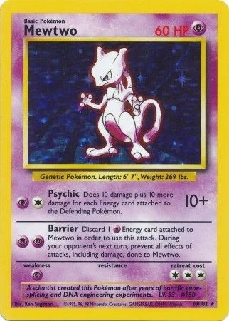 Картка Pokémon TCG Base Set Mewtwo 1999 року