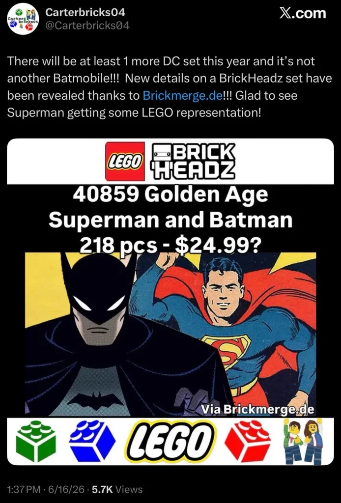 чутки LEGO BrickHeadz Superman та Batman у стилі Golden Age