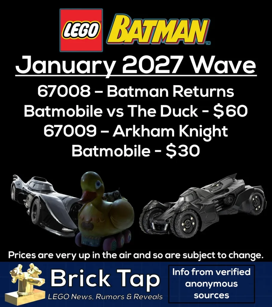 leak 67008 Batman Returns Batmobile vs The Duck та 67009 Arkham Knight Batmobile