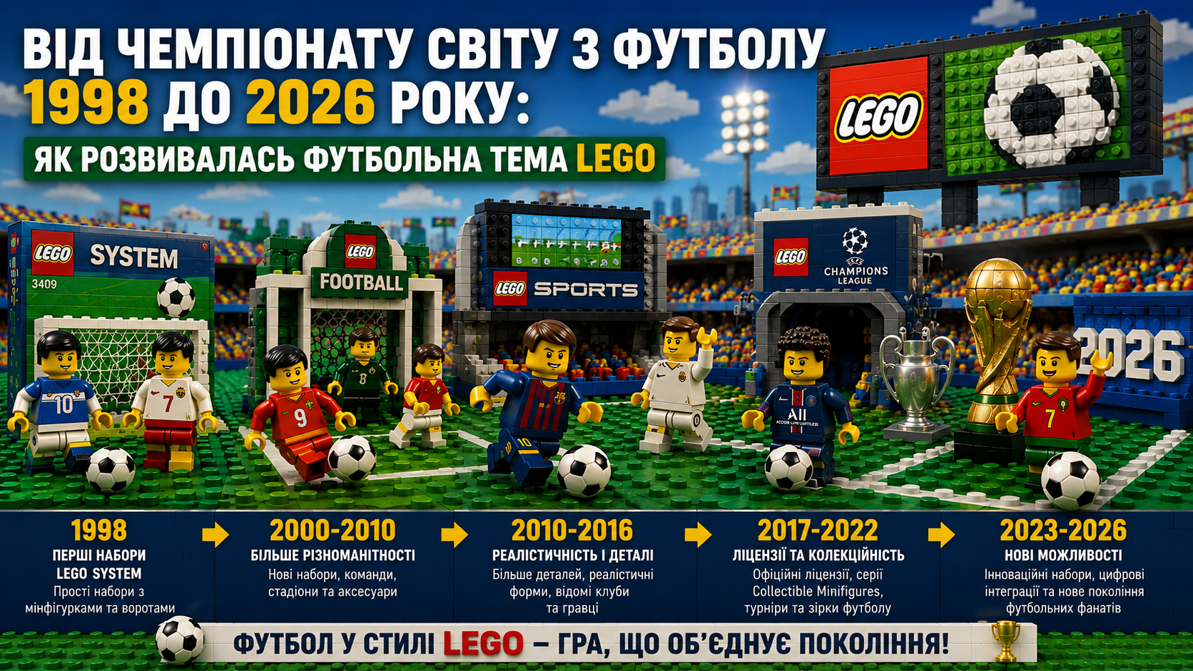 Від чемпіонату світу з футболу 1998 до 2026 року: як розвивалась футбольна тема LEGO
