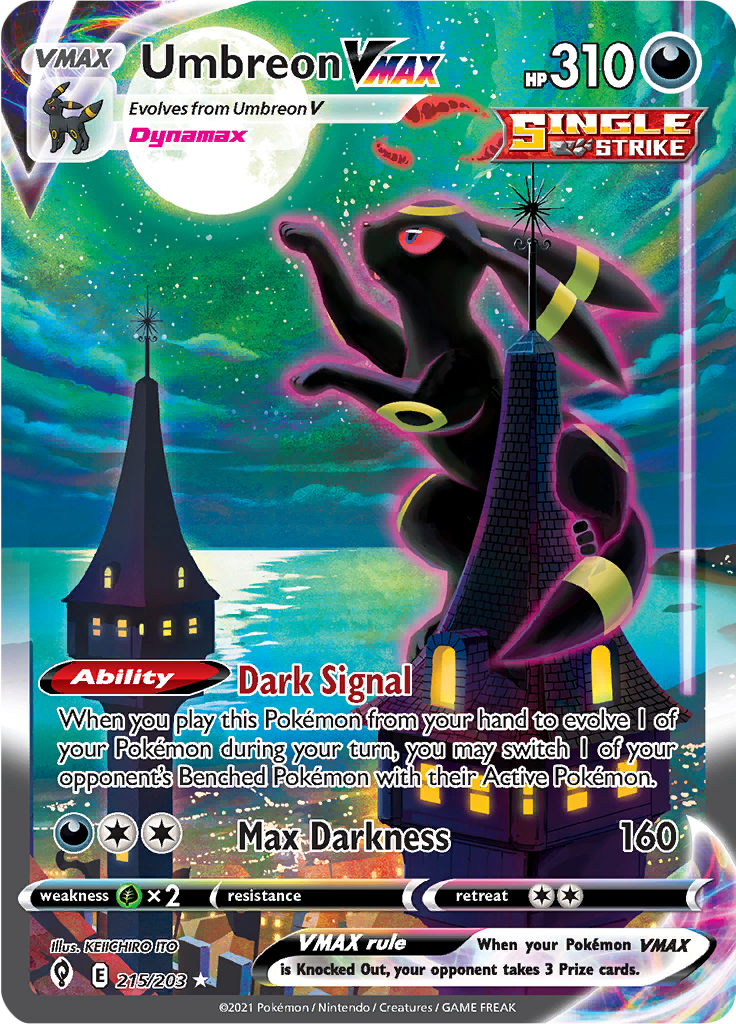 Pokémon TCG Umbreon VMAX (Alternate Art Secret Rare, aka Moonbreon) — Evolving Skies, 215/203