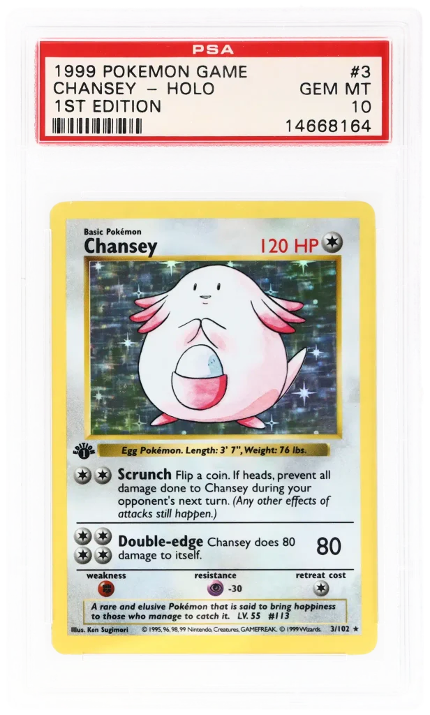 Картка 1999 року Pokémon Chansey, First Edition Base Set Holo #3 PSA 10
